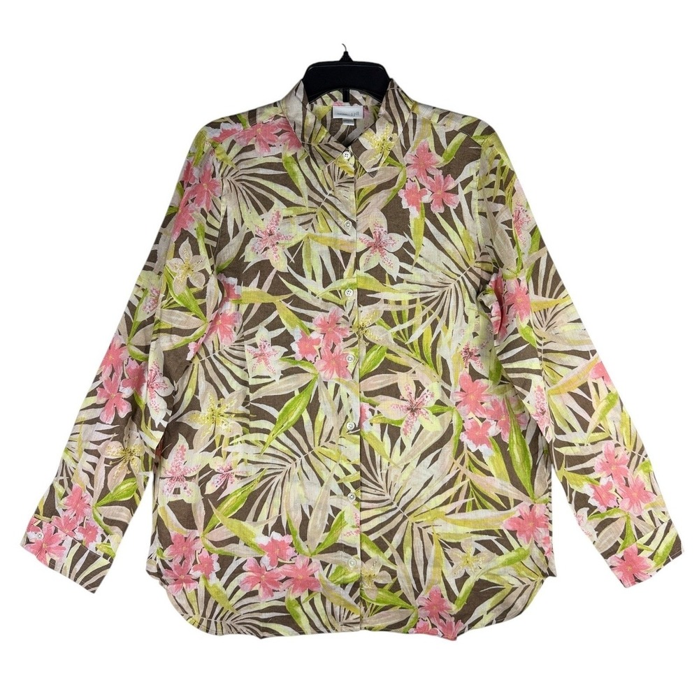 J. Jill Love Linen Button Down Shirt Shiitake Tropical Floral Tall Small NWT‎